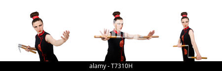 Femme drôle avec nunchucks isolated on white Banque D'Images
