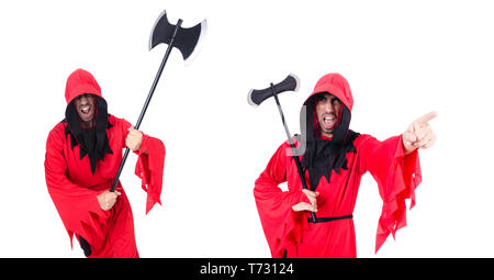 Bourreau en costume rouge avec ax on white Banque D'Images