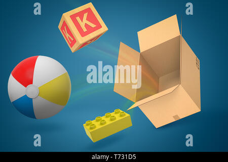 Le rendu 3D de l'alphabet coloré bloc jouet, ball et lego morceau flying out de carton fort sur fond bleu Banque D'Images