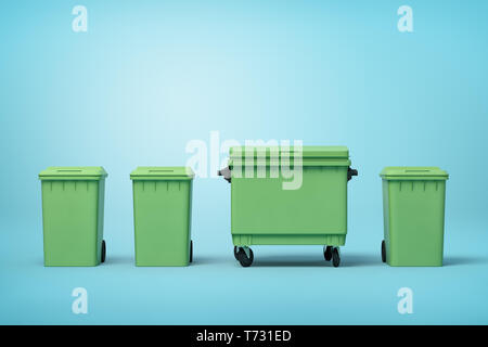 Le rendu 3D de quatre poubelles vert dans la rangée debout sur fond bleu-clair Banque D'Images