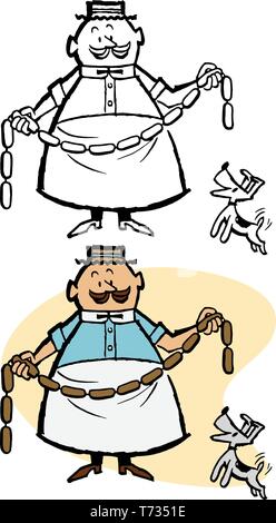 Un Italien butcher holding liens de saucisse de viande. Illustration de Vecteur
