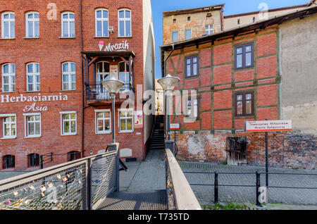 Bydgoszcz, Kuyavian-province de Poméranie, Pologne. Mlynowka riverbank bâtiments, quartier de la vieille ville. Banque D'Images