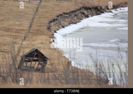 Vieilles fermes historiques et cabanes parsèment le paysage, des prairies au Canada que celui près de Calgary, Alberta, Canada Banque D'Images