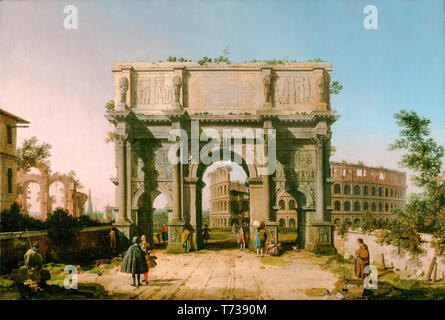 Canaletto, vue de l'Arc de Constantine avec le Colisée, (Rome), peinture à l'huile sur toile, 1742 Banque D'Images