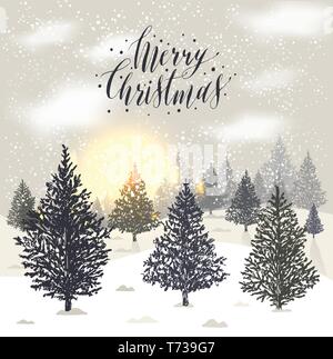 Un hiver neige paysage de Noël avec les arbres de Noël. Illustration de Vecteur