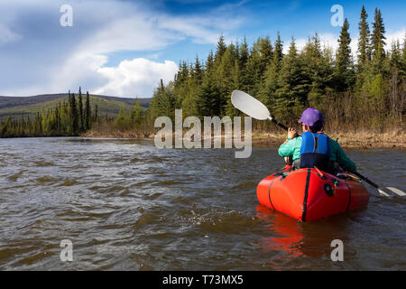 Femme packrafting bas Beaver Creek, National Wild and Scenic Rivers System, White Mountains National Recreation Area, l'intérieur de l'Alaska Banque D'Images