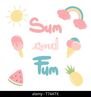 Lettrage dessinés à la main, sun and fun quote vector illustration avec éléments d'été Illustration de Vecteur