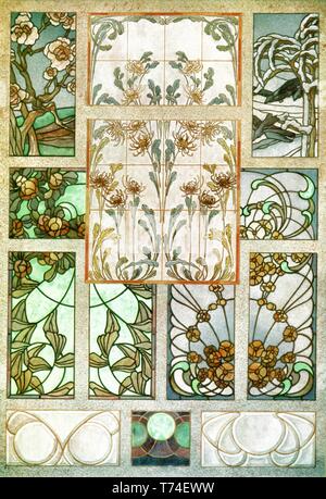 Vitraux, 10 : Floral, Paysage, Abstrait - L'Art Nouveau vintage illustration par Vitraux modernes 1905 Banque D'Images
