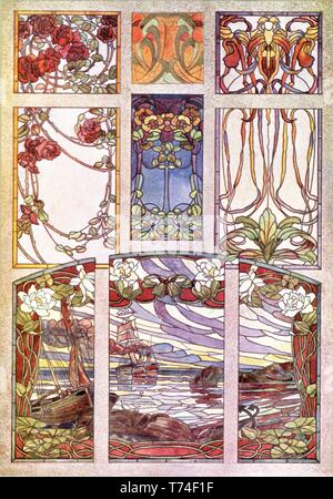 Vitraux, 7 modèles : Floral, Paysage, Abstrait - L'Art Nouveau vintage illustration par Vitraux modernes 1905 Banque D'Images