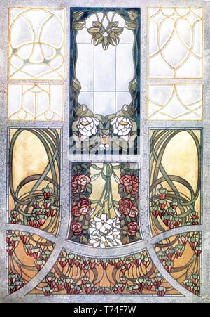 Vitraux, 5 motifs : Floral, Paysage, Abstrait - L'Art Nouveau vintage illustration par Vitraux modernes 1905 Banque D'Images