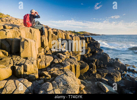 Randonneur sur des falaises de basalte, Dartmouth Point, baie de Fundy ; Long Island, Nova Scotia, Canada Banque D'Images