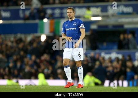 Phil Jagielka d'Everton. Premier League, Everton v Burnley à Goodison Park à Liverpool le vendredi 3 mai 2019. Ce droit ne peut être utilisé qu'à des fins rédactionnelles. Usage éditorial uniquement, licence requise pour un usage commercial. Aucune utilisation de pari, de jeux ou d'un seul club/ligue/dvd publications. Photos par Chris Stading/Andrew Orchard la photographie de sport/Alamy live news Banque D'Images