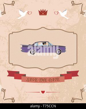 Une invitation au mariage et à la fête. Les mariés rode dans une voiture vector illustration pour les concepteurs et les éditeurs entièrement éditable. Illustration de Vecteur