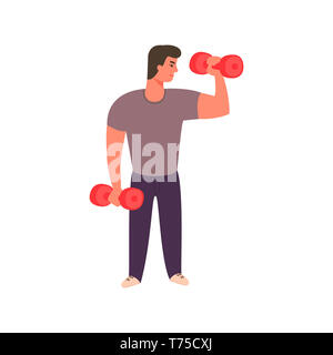 Strong man working out with dumbbells. Athletic guy doing exercise in character design. Banque D'Images