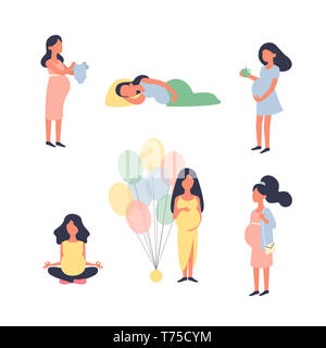 Femme enceinte. Illustration de la grossesse. Yoga, marche, sommeil, douche de bébé et d'autres situations. Character design. Banque D'Images