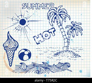 Doodle d'été éléments - le soleil, la mer, les palmiers, la crème glacée, ball Illustration de Vecteur