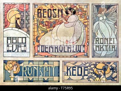 Vitraux, 5 motifs : l'Utilisation Commerciale - vintage Art Nouveau illustration par Vitraux modernes 1905 Banque D'Images