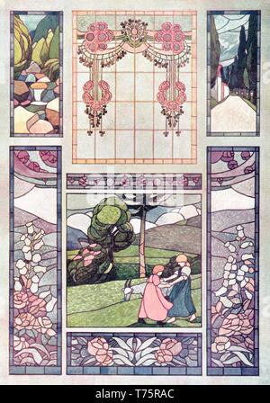 Vitraux, 7 modèles : Floral, paysage - illustration par vintage Art nouveau vitrail moderne 1905 Banque D'Images
