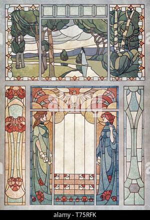 Vitraux, 5 motifs : Womans dans Art, floral, Paysage, Abstrait - L'Art Nouveau vintage illustration par Vitraux modernes 1905 Banque D'Images