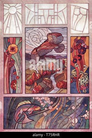 Vitraux, 7 modèles : Floral, Paysage, poisson, Abstract - illustration vintage Art Nouveau par Vitraux modernes 1905 Banque D'Images