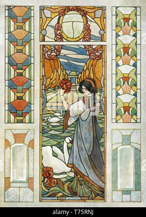 Vitraux, 6 : Tendances dans l'Art de Womans, floral, paysage vintage Art Nouveau - illustration par Vitraux modernes 1905 Banque D'Images