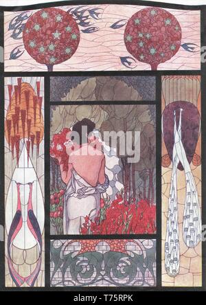 Vitraux, 5 motifs : Womans dans Art, floral, paysage, d'oiseaux, Abstract - illustration vintage Art Nouveau par Vitraux modernes 1905 Banque D'Images