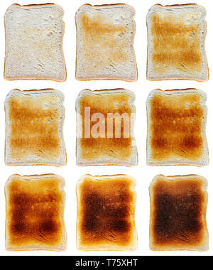 Toast fait à divers niveaux de lumière très brûlé afin de refléter la différence dans les goûts et disposés dans une grille de trois par trois sur un cas isolé Banque D'Images