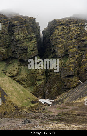 Vue Portrait d'Raudfeldsgja sur Gorge un jour brumeux, Péninsule de Snæfellsnes, l'Islande Banque D'Images