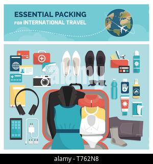 Indispensable pour les voyages à l'emballage, le tourisme et les vacances : accessoires, vêtements et ouvrir suitcase, vue du dessus Illustration de Vecteur