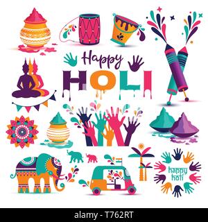 Ensemble d'Holi télévision icônes dans le style indien. Vector illustration. Illustration de Vecteur