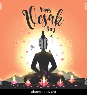 Vector illustration carte de souhaits pour la Journée du Vesak à fleur de lotus et des bouddhas. Illustration de Vecteur