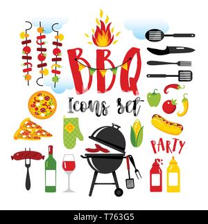 Barbecue Party invitation sur fond blanc avec des symboles de barbecue. Illustration de Vecteur