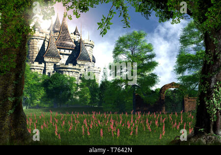 Une belle vue , romantique d'un château de conte de fées des bois, 3D render Banque D'Images