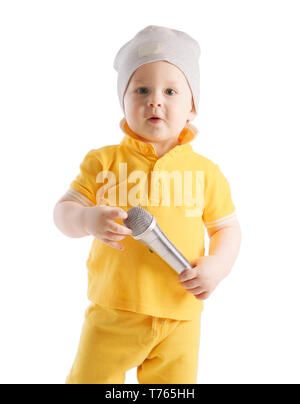 Stock photo de boy holding microphone, isolated on white Banque D'Images