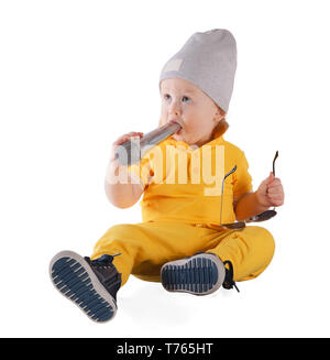 Stock photo de boy holding microphone, isolated on white Banque D'Images