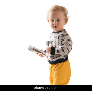 Stock photo de boy holding microphone, isolated on white Banque D'Images