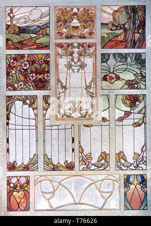 Vitraux, 12 Modèles : Floral, Paysage, Abstrait - L'Art Nouveau vintage illustration par Vitraux modernes 1905 Banque D'Images