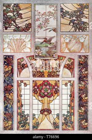Vitraux, 8 modèles : Floral, Frutal, Paysage, Abstrait - L'Art Nouveau vintage illustration par Vitraux modernes 1905 Banque D'Images