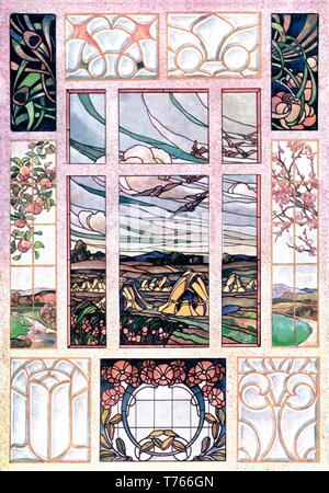 Vitraux, 10 : Floral, Frutal, Paysage, Abstrait - L'Art Nouveau vintage illustration par Vitraux modernes 1905 Banque D'Images