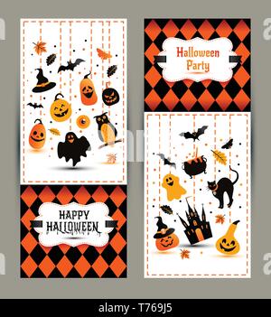 Bannières Halloween situé sur fond de couleurs. Invitation à la nuit de la partie. Modèle de conception de scénario pour halloween avec des icônes. Ensemble d'automne symb Illustration de Vecteur
