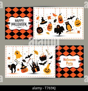 Bannières Halloween situé sur fond de couleurs. Invitation à la nuit de la partie. Modèle de conception de scénario pour halloween avec des icônes. Ensemble d'automne symb Illustration de Vecteur