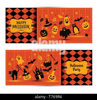 Bannières Halloween situé sur fond de couleurs. Invitation à la nuit de la partie. Modèle de conception de scénario pour halloween avec des icônes. Ensemble d'automne symb Illustration de Vecteur