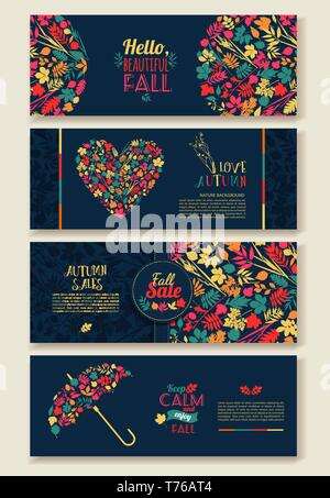 Jeu de l'automne. La composition des feuilles.Bannières d'automne. Illustration de Vecteur