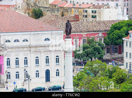 Dom Pedro IV aka Rossio Square avec Dom Pedro IV monument, Dona Maria II Théâtre National en arrière-plan. Lisbonne, Portugal, Banque D'Images