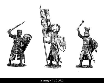 Médiéval illustration. Knight photo. Ensemble de 3 croisés médiévaux. Dessin numérique. Banque D'Images