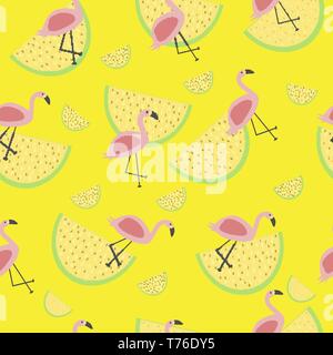 Transparente avec motif vecteur tropical animal flamant rose tranche de citron et de pastèque fruits du dragon sur un fond jaune pour l'impression et les textiles Illustration de Vecteur