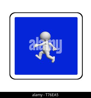 Panneau routier - Blanc 3D man sur panneau bleu est la marche - le rendu 3D Banque D'Images