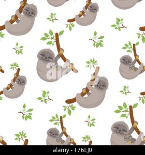 Modèle sans couture avec mignon paresseux sur lianes tropicales des branches. Pour votre conception d'illustration vectorielle Illustration de Vecteur