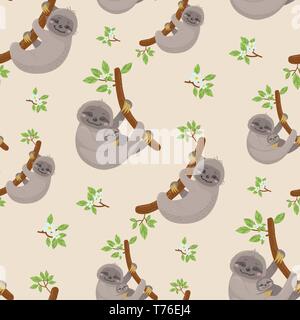 Modèle sans couture avec mignon paresseux sur lianes tropicales des branches. Pour votre conception d'illustration vectorielle Illustration de Vecteur