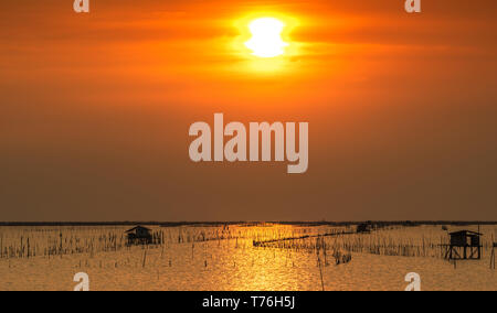 Beau soleil en été. Ciel coucher de soleil sur la mer, cabane de pêcheur et les forêts de mangrove dans la soirée. Pôle de bambou à l'autre. Broderie en bambou pour ralentir Banque D'Images